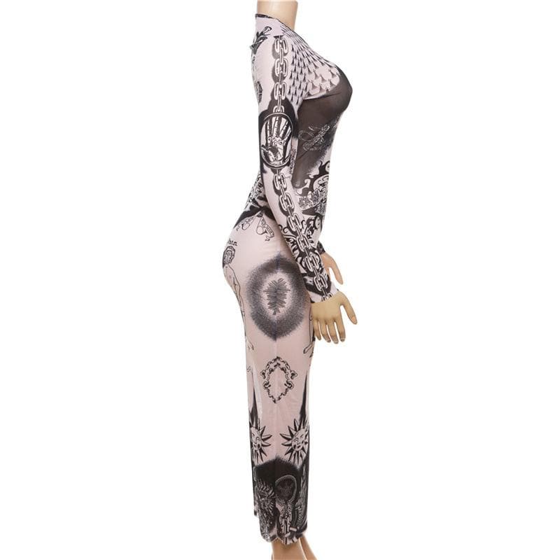 Sheer mesh abstract contrast see through long sleeve maxi dress