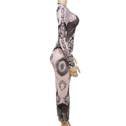 Sheer mesh abstract contrast see through long sleeve maxi dress