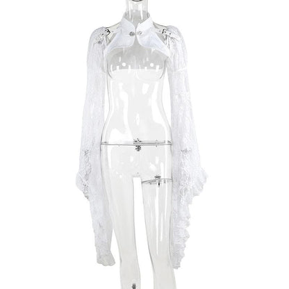 Long flared sleeve lace buckle shrug top