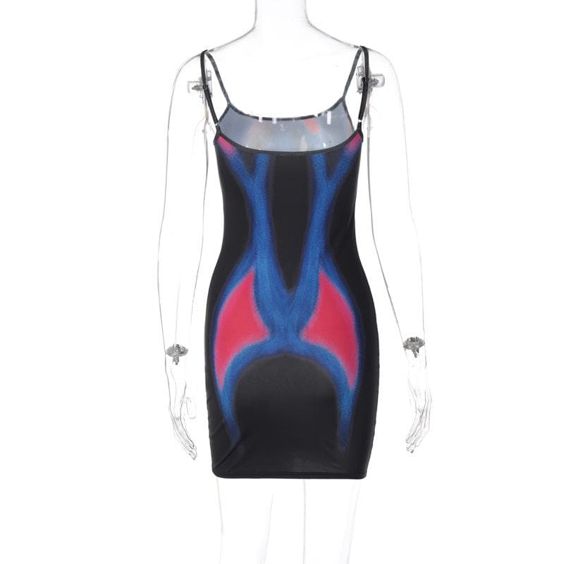 Abstract Thermal Print Scoop Neck Contrast Trim Spaghetti Strap Bodycon Mini Dress