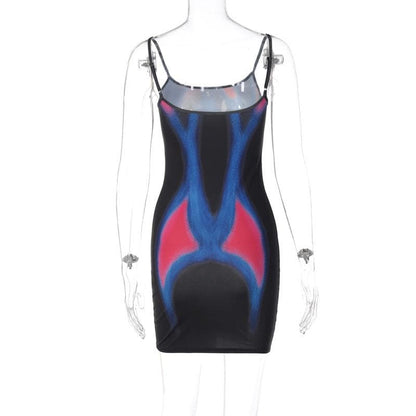 Abstract Thermal Print Scoop Neck Contrast Trim Spaghetti Strap Bodycon Mini Dress