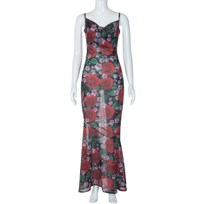 Cowl neck flower print zip-up contrast backless cami maxi dress-final-sale