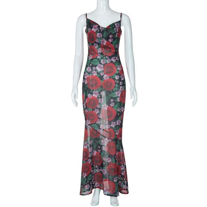 Cowl neck flower print zip-up contrast backless cami maxi dress-final-sale