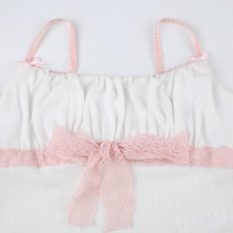 Ruched lace hem bowknot ruffle cami top