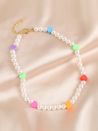 Faux pearl heart beaded multicolor clay necklace