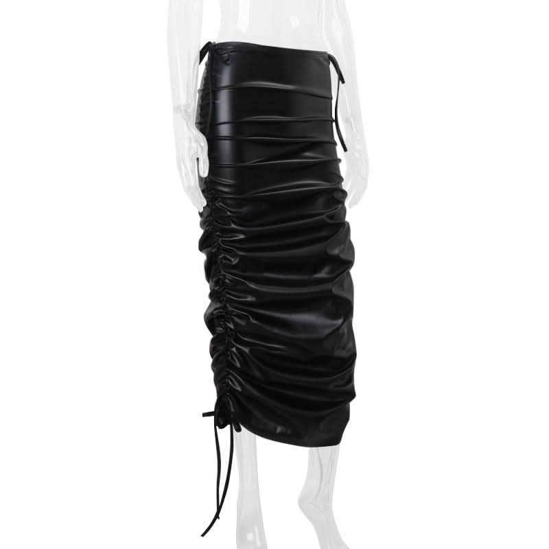 Ruched self tie PU leather solid midi skirt