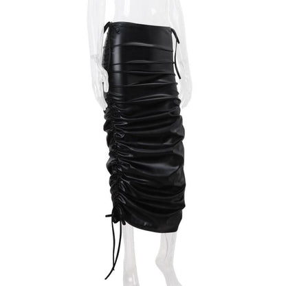 Ruched self tie PU leather solid midi skirt