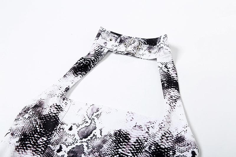Halter snake print buckle backless mini dress