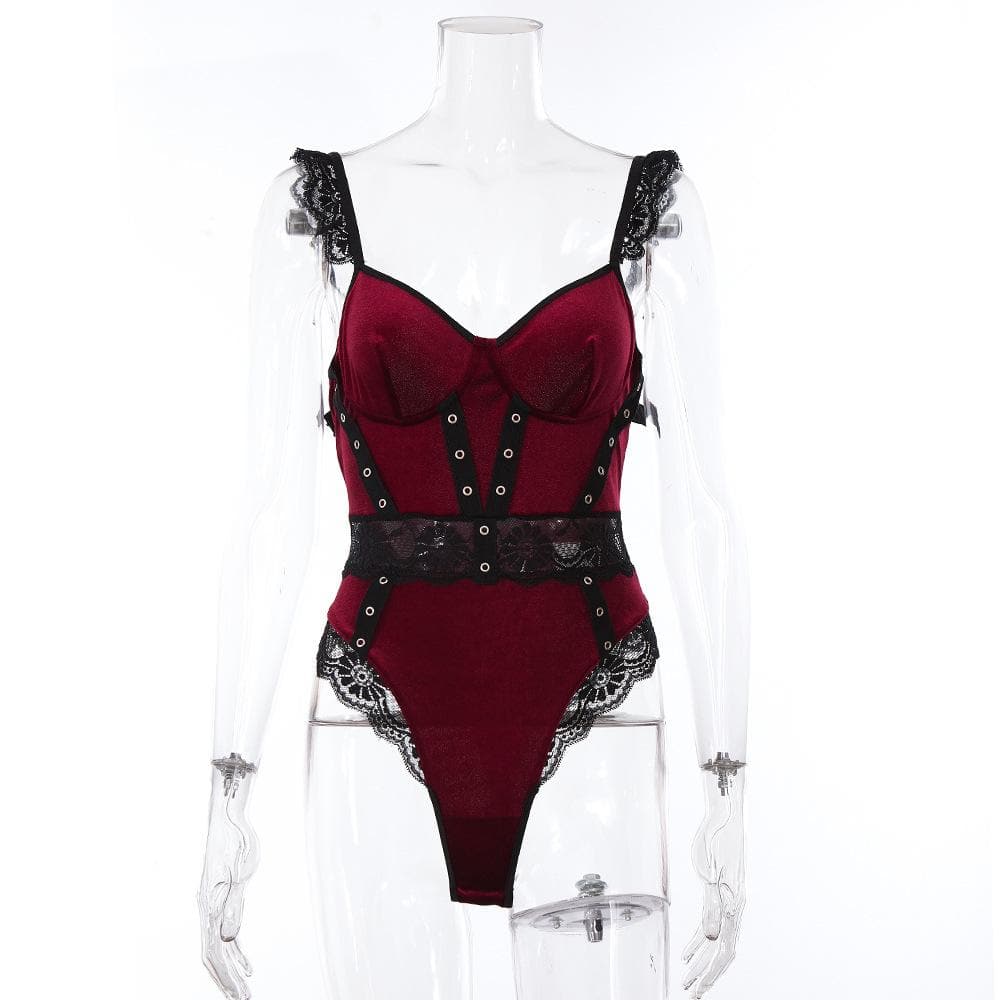 Velvet v neck lace button cami bodysuit