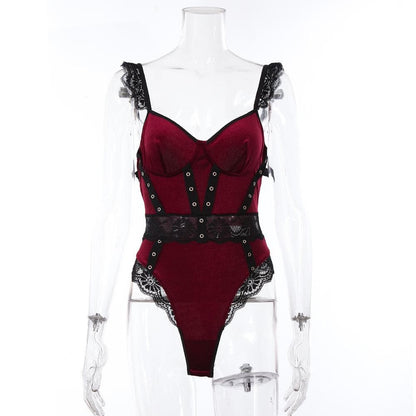 Velvet v neck lace button cami bodysuit