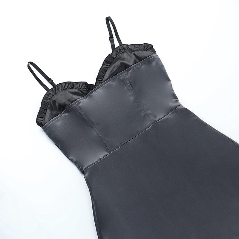 Sweetheart Ruffle Trim Zip Up Backless Satin Cami Mini Dress