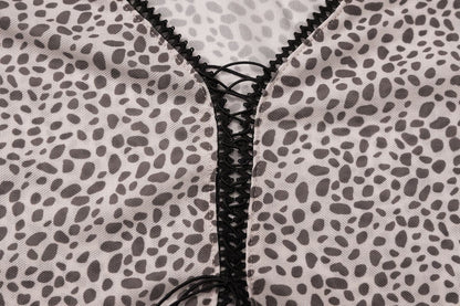 Long sleeve leopard print lace up ruched skirt set