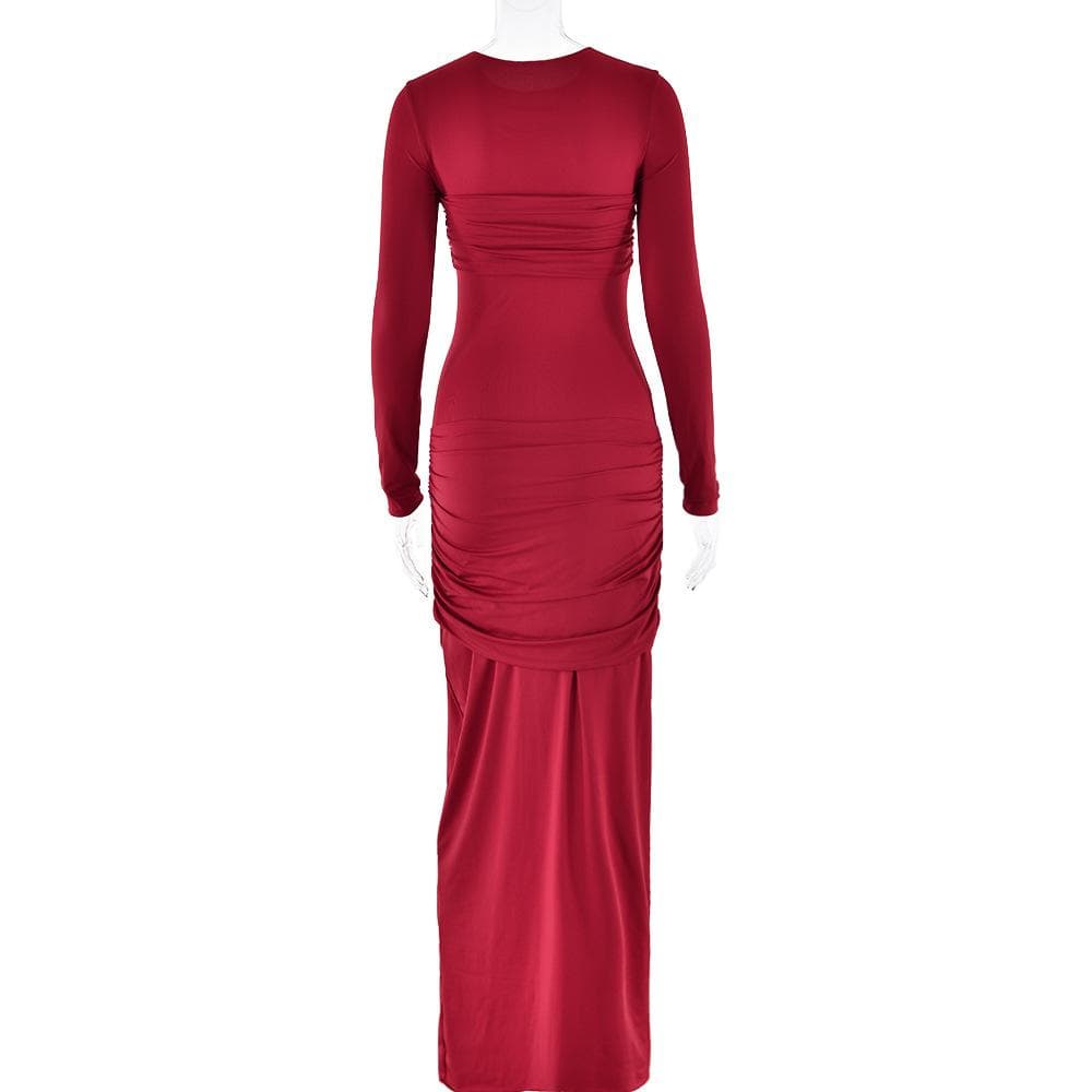 Long sleeve crewneck ruched cross front maxi dress