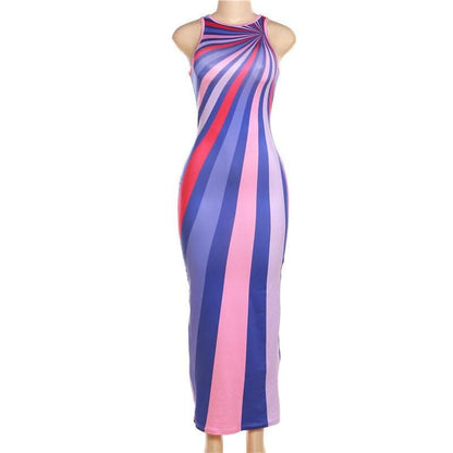 Striped contrast sleeveless backless crewneck maxi dress-final-sale