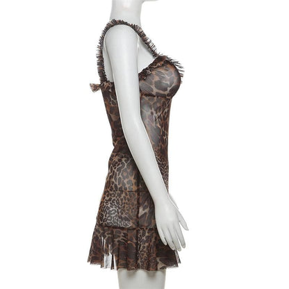 Leopard print v neck ruffle mesh cami mini dress