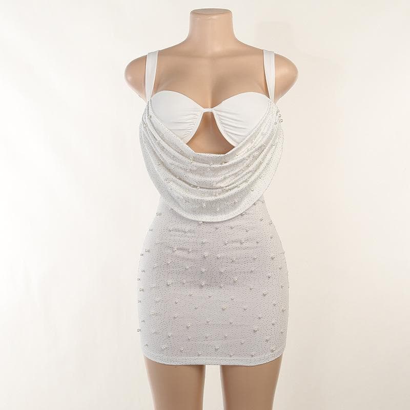 Cowl Overlay Sweetheart Cutout Rhinestone Pearl Beaded Sleeveless Mini Dress