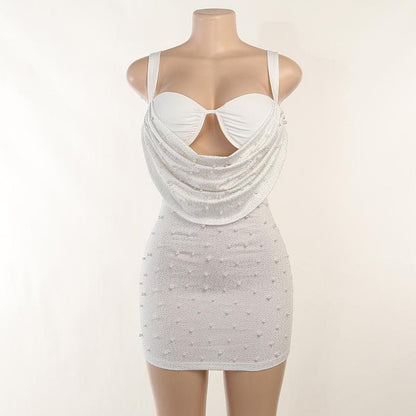 Cowl Overlay Sweetheart Cutout Rhinestone Pearl Beaded Sleeveless Mini Dress