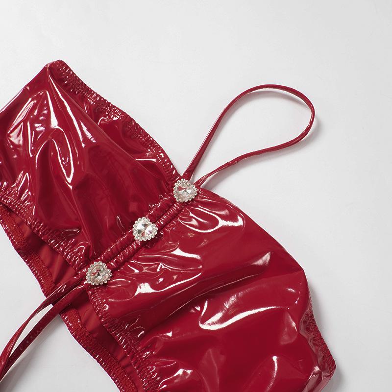 PU leather ruffled halter heart button pant set