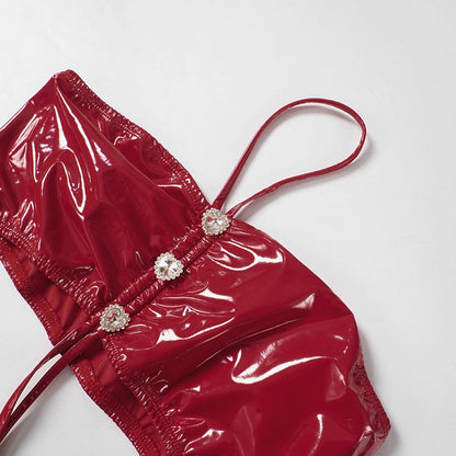 PU leather ruffled halter heart button pant set