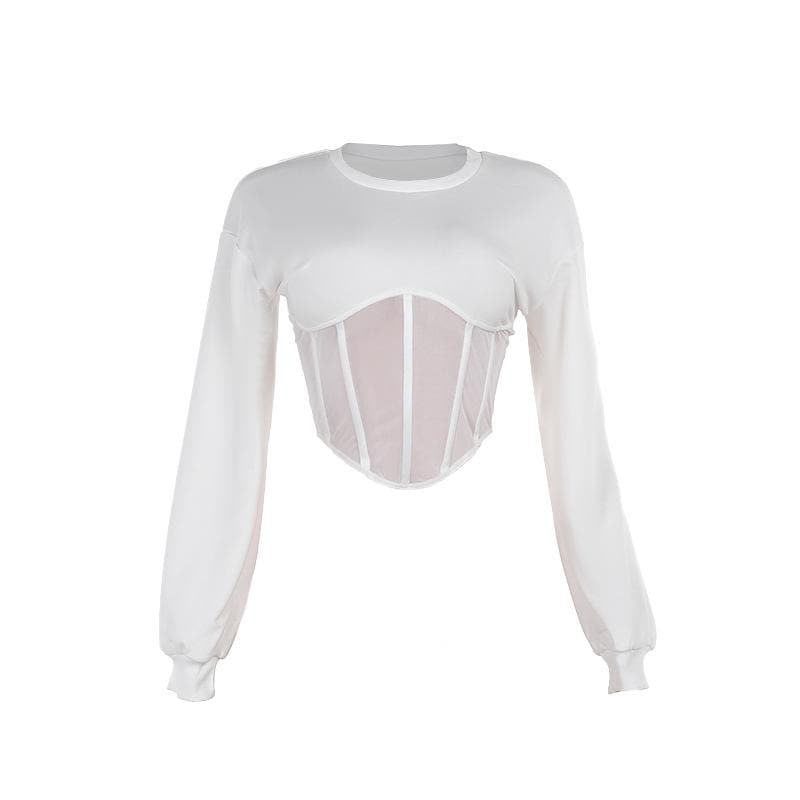 Long sleeve crewneck corset patchwork crop top