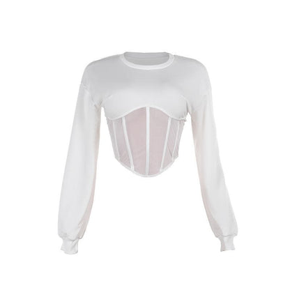 Long sleeve crewneck corset patchwork crop top
