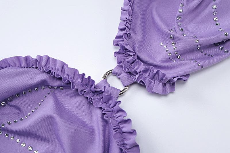 Sleeveless one shoulder ruffle beaded mini skirt set