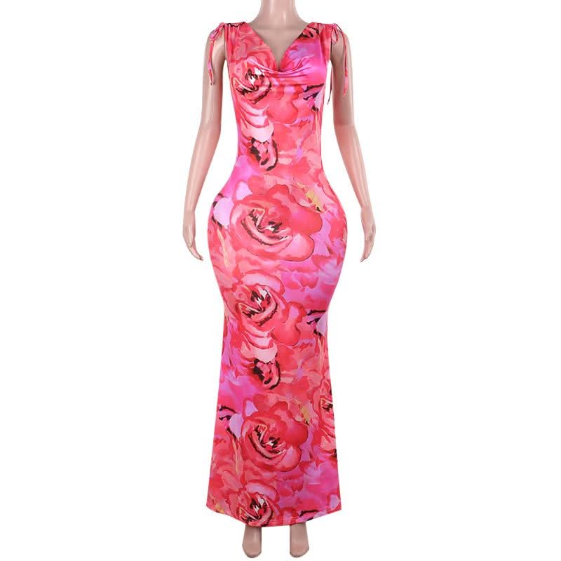 Cowl neck self tie flower print backless maxi dress