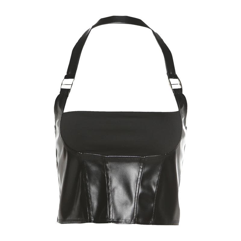 Halter PU leather buckle zip-up stitch solid top