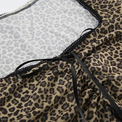 Leopard print long sleeve mesh crop top