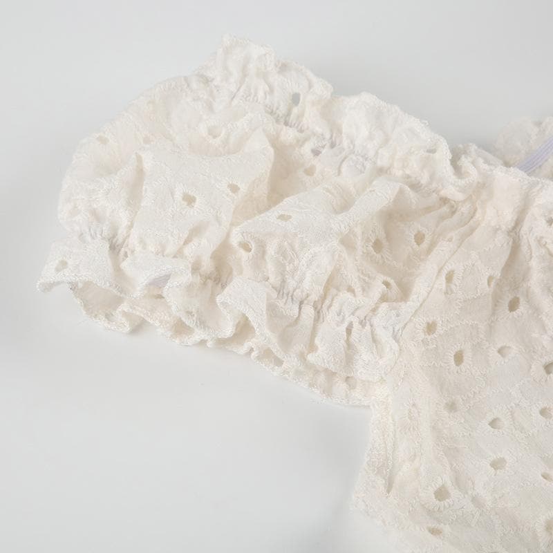 U neck puff sleeve textured ruffle top