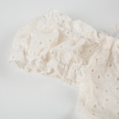 U neck puff sleeve textured ruffle top