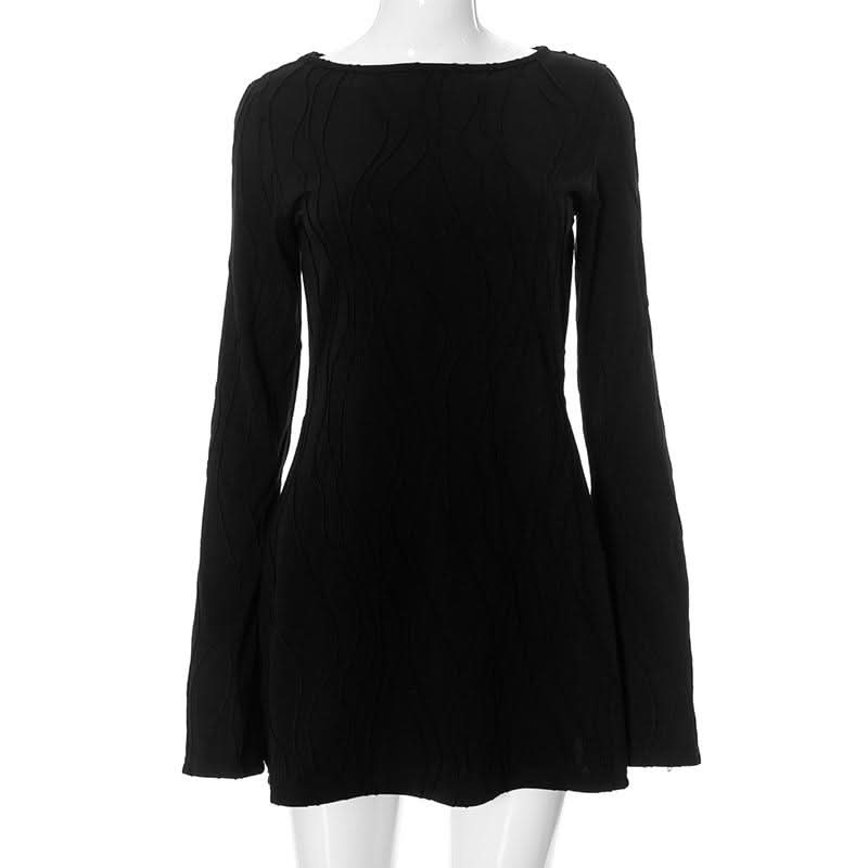 Long sleeve textured crewneck solid mini dress