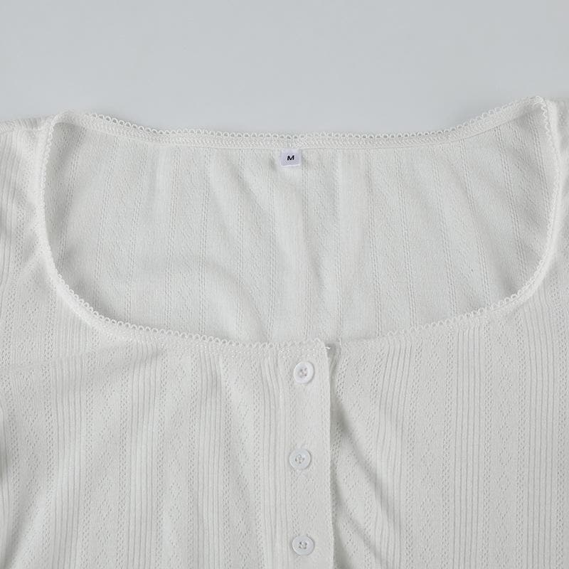 Long sleeve u neck button textured top