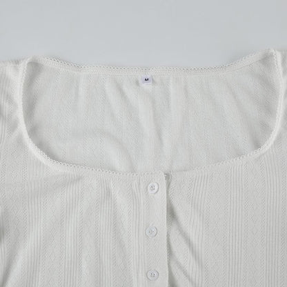 Long sleeve u neck button textured top