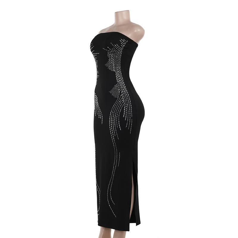 Beaded slit backless contrast tube maxi dress