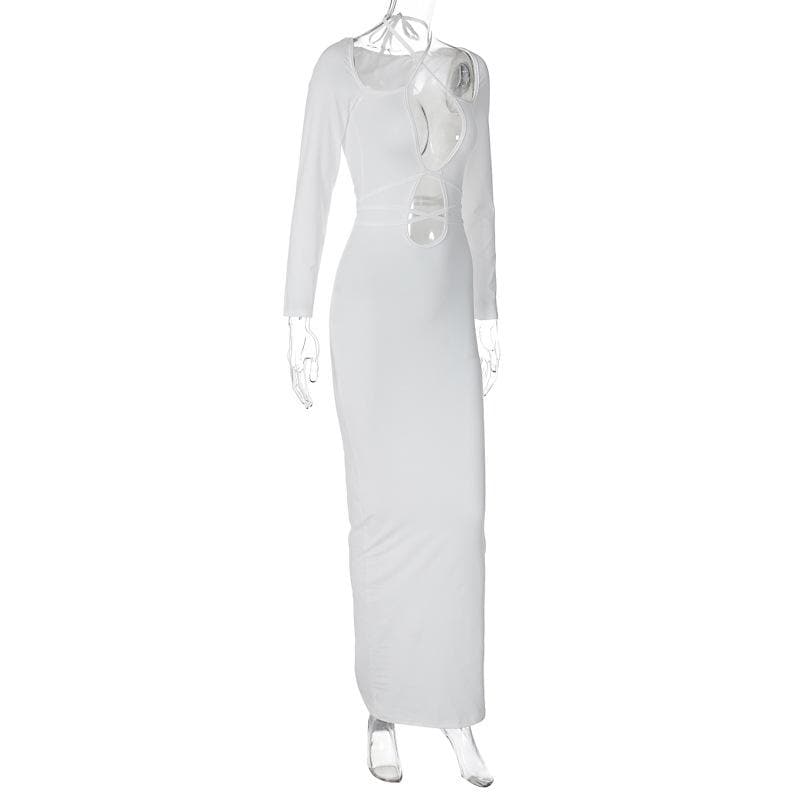 Hollow out self tie solid long sleeve cross front cut out maxi dress