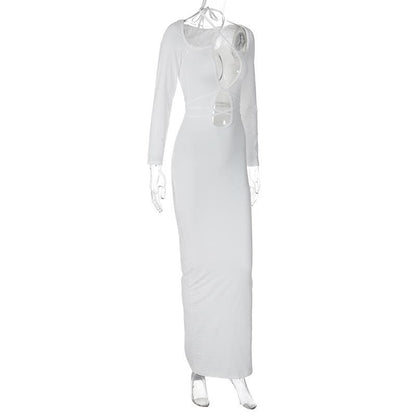 Hollow out self tie solid long sleeve cross front cut out maxi dress