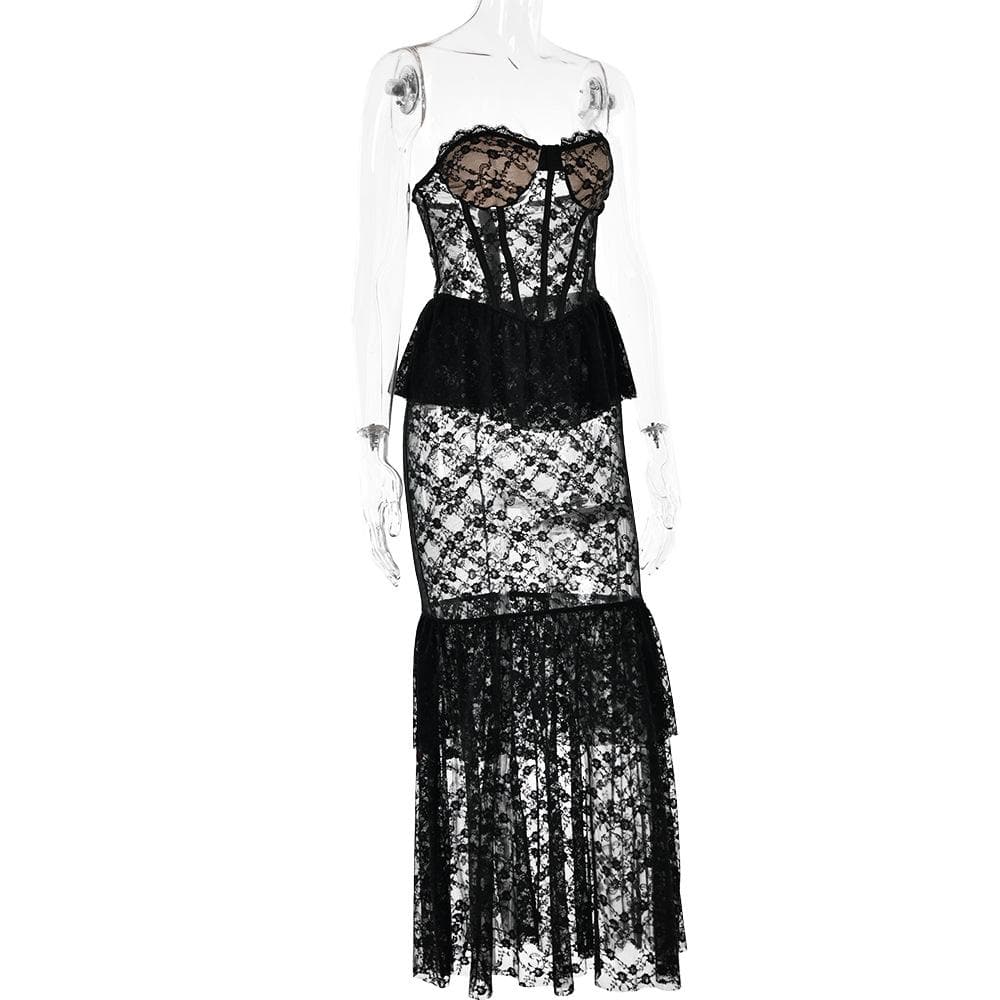 Sweetheart neck lace see through bustier ruched tube maxi dress