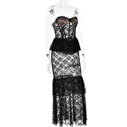 Sweetheart neck lace see through bustier ruched tube maxi dress