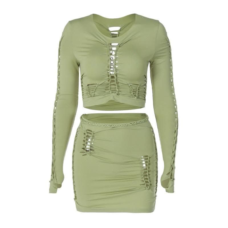Long sleeve solid hollow out round neck ruched crop top skirt set-final-sale