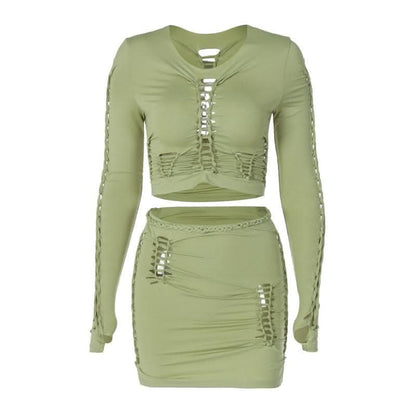 Long sleeve solid hollow out round neck ruched crop top skirt set-final-sale