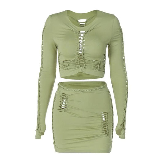 Long sleeve solid hollow out round neck ruched crop top skirt set-final-sale