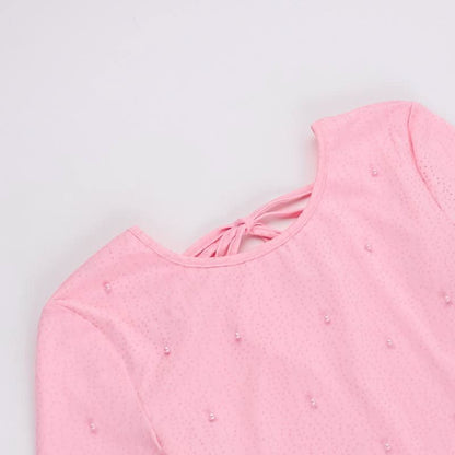 Crewneck long sleeve beaded backless mini dress