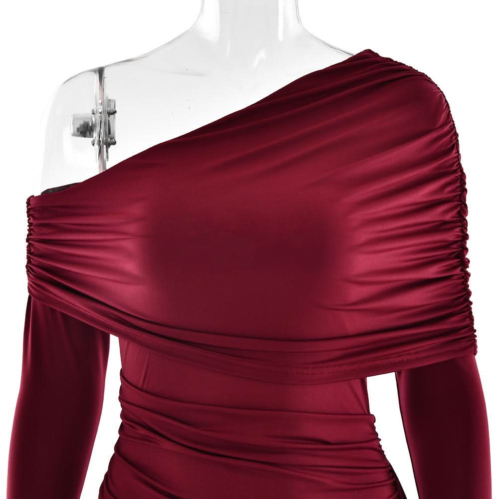 One shoulder long sleeve ruched slit maxi dress