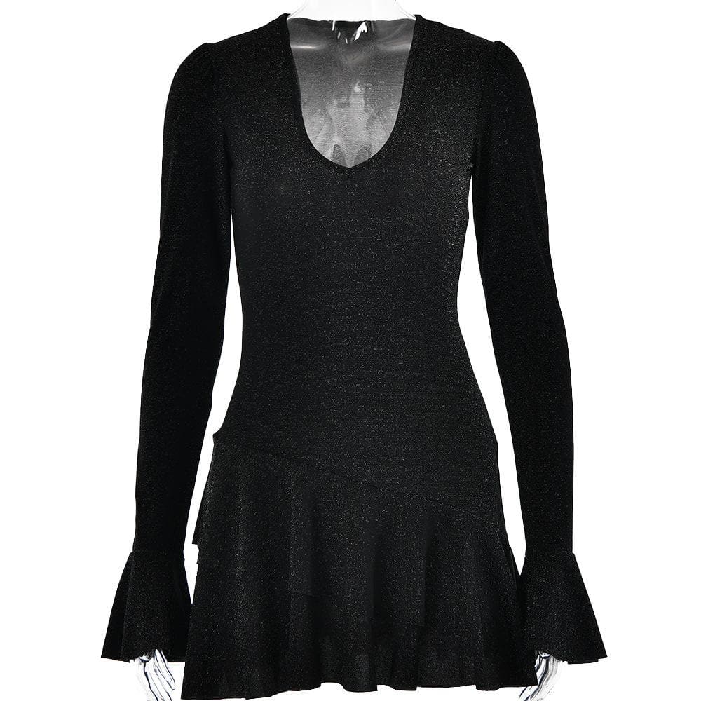 Glitter Deep V Bell Sleeve Tiered Ruffle Hem Mini Dress