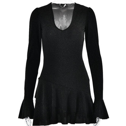 Glitter Deep V Bell Sleeve Tiered Ruffle Hem Mini Dress