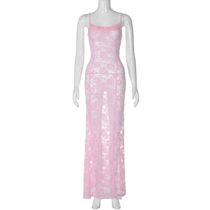 Ruffle lace stitch see through solid cami maxi dress