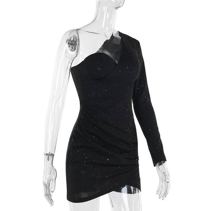 Irregular long sleeve one shoulder ruched mini dress