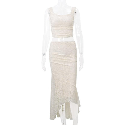 Sleeveless u neck backless lace up solid ruched midi skirt set