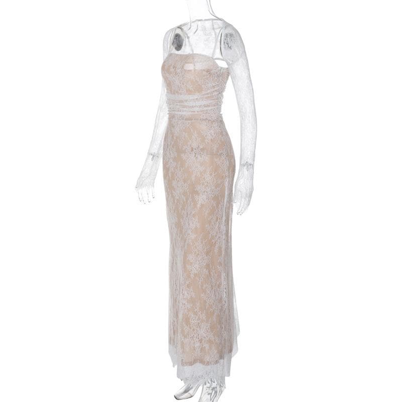 Long sleeve lace zip-up ruched shrug cami maxi dress